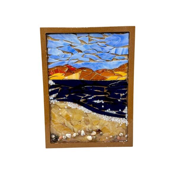 Handmade Art Glass Mosaic Seascape Art Beach Ocean View Landscape Signed - Picture 1 of 8
